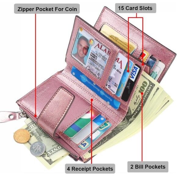 New Small Compact Women Wallet RFID Blocking Genuine Leather Bifold Purse - Picture 4 of 6